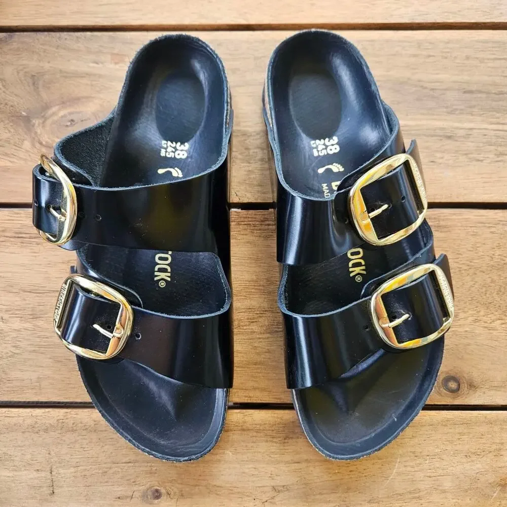NWOT Birkenstock Arizona Big Buckle Patent Leather Sandals Black Gold EU 38